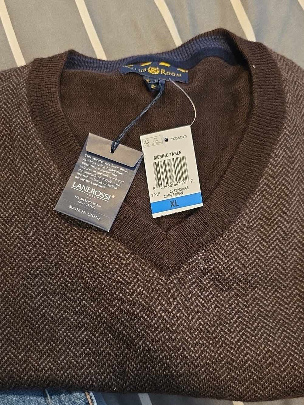 Club Room Men's V-Neck Sweater in Brown and Gray Herringbone